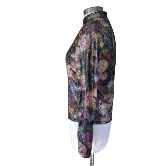 NICOLE MILLER Floral Sequin Mock Neck Long Sleeve Shimmer Top - Picture 3 of 7